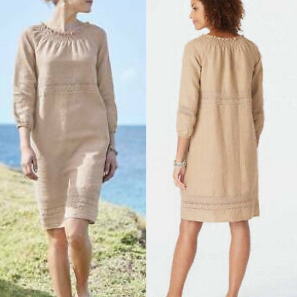 J Jill Womens 100% Linen Dress S Beige Crochet Coastal Pockets Lagenlook Boho